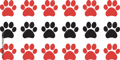 A repeating pattern of red and black dog paw prints on a white background creating a playful and graphic design element