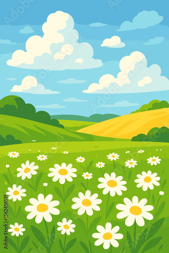 Summer chamomile flower field, blooming meadows with green grass, yellow hills, blue sky and fluffy clouds. Vibrant vector landscape illustration of countryside wildflowers and rural scenery