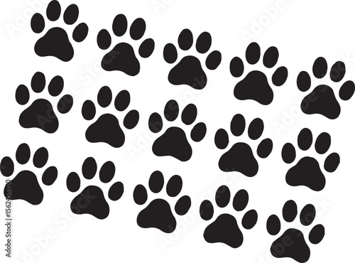A repeating pattern of black dog paw prints on a clean white background symbolizing pets and animal care