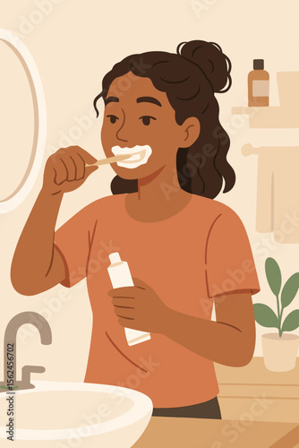 Young woman brushing teeth in bathroom with toothbrush and toothpaste. Morning oral hygiene routine. Modern flat vector cartoon illustration. Self-care, healthy lifestyle, daily habits at home.