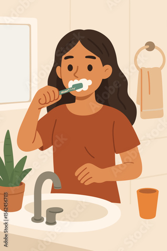 Young woman brushing teeth in bathroom, morning hygiene routine, healthy lifestyle, dental care, modern flat vector illustration, home sink, mirror, towel, cup, potted plant, self-care concept