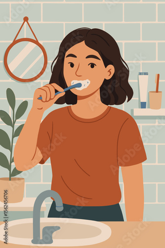 Morning hygiene routine woman brushing teeth bathroom sink. Daily dental care, toothbrushing, healthy lifestyle, personal hygiene, modern home interior, flat vector illustration concept