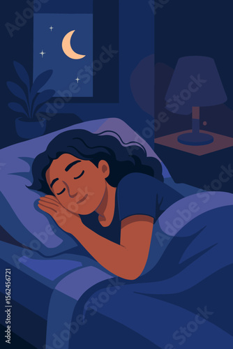 Peaceful young woman sleeping deeply at night in cozy bedroom, moonlight shining through window, modern flat vector illustration, restful sleep, relaxation, nighttime tranquility, home interior
