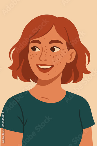 Portrait of a happy young woman with red hair and freckles. Beautiful smiling redhead girl. Natural beauty concept. Minimalist flat vector illustration. Character avatar design.
