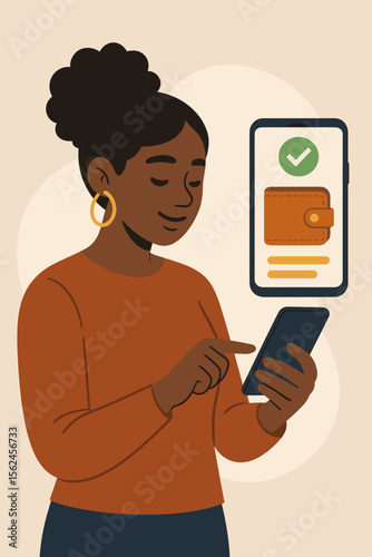 Happy Black woman using smartphone for online payment with digital wallet. Successful transaction confirmation with checkmark icon. Mobile banking, e-commerce, fintech concept vector.