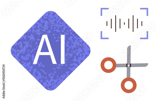 AI text emblem beside sound wave graphic and scissors for precision editing. Ideal for technology, innovation, content creation, sound design, digital tools, automation, simple flat metaphor