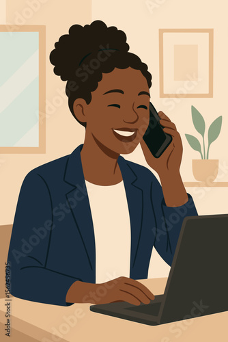 Happy African American businesswoman talking on smartphone and using laptop in the office. Smiling female professional providing customer support. Corporate multitasking concept.