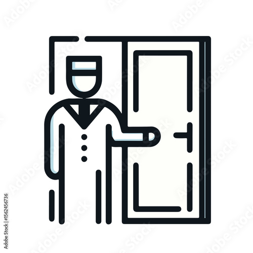 Hotel staff doorman opening door with welcoming gesture  