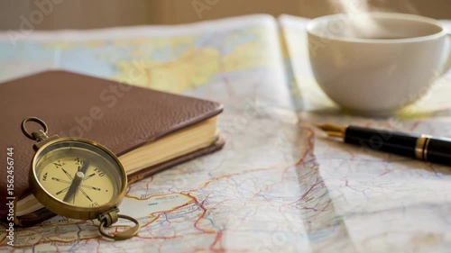 Travel Adventure Flat Lay with Compass, Journal, Coffee Cup, and Map