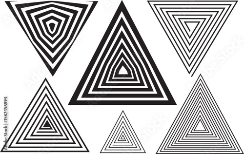 A collection of six abstract geometric triangles with concentric black and white stripes creating a sense of depth and optical illusion on a white background