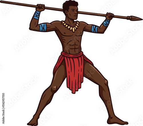 Warrior man holding spear in traditional red loincloth and blue arm wraps vector illustration