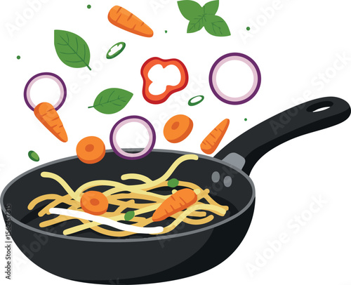 Vegetable Pasta Cooking in Frying Pan with Carrot Onion and Basil Leaves Vector Illustration 