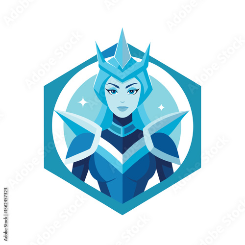 Ice warrior queen with icy blue armor in snowy clash Vector illustration