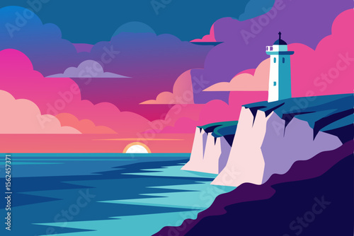 Serene Sunset Seascape Lighthouse on Dramatic Cliffs