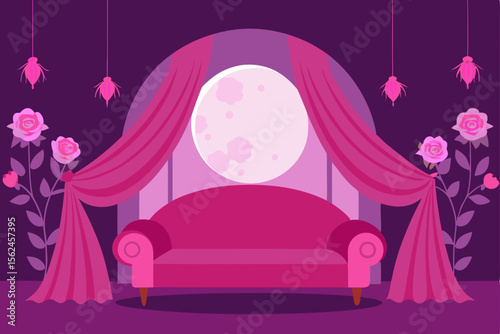Romantic Moonlight Rendezvous Pink Rose and Moonlit Sofa Scene