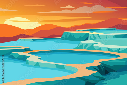 Sunset over Turquoise Travertine Terraces A Breathtaking Landscape