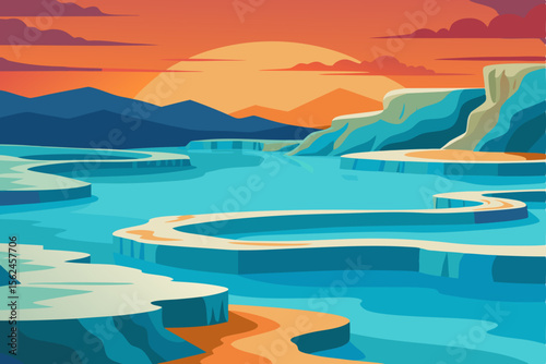 Serene Sunset over Turquoise Thermal Pools A Vibrant Landscape Illustration