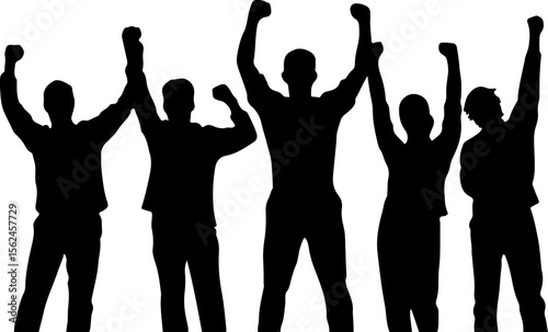 Silhouettes of people celebrating with raised arms