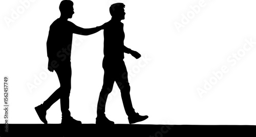 Two men walking together with one hand on shoulder