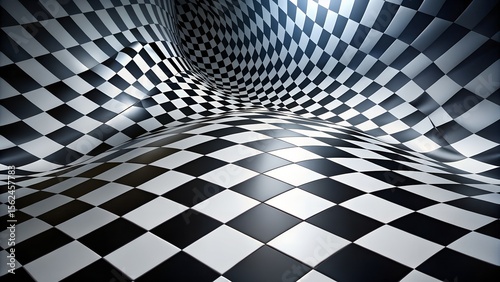 A mesmerizing black and white checkerboard pattern creates a dynamic 3d illusion