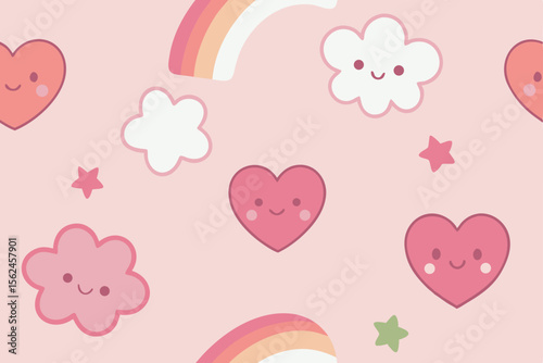 Adorable Kawaii Hearts, Clouds, and Rainbows Seamless Pattern