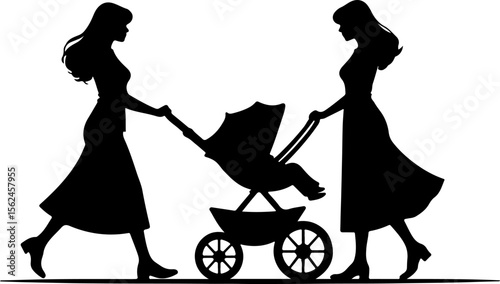 Women pushing baby carriage silhouette stroller