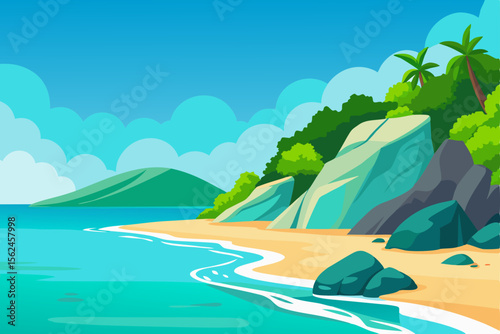 Tropical Beach Paradise Idyllic Island Escape with Crystal-Clear Waters and Lush Greenery