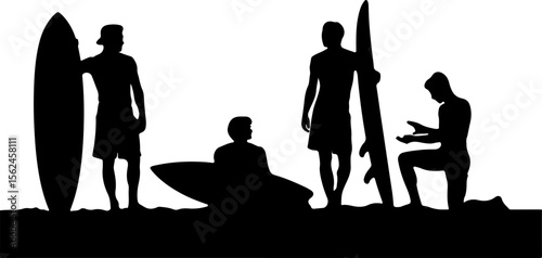 Surfers with surfboards on the shore beach ocean