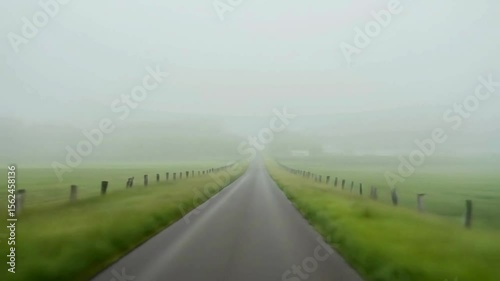 Foggy Rural Road with Mailbox in Misty Meadow Landscape