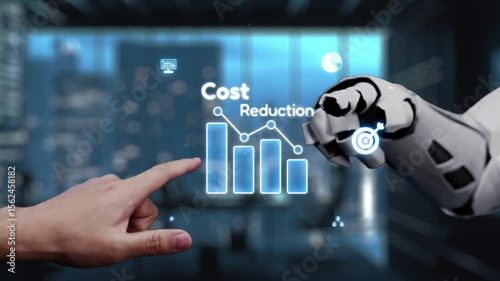 A futuristic robotic hand and a human hand interact with cost reduction graphics in a modern office setting, illustrating innovation and business efficiency. Auvana