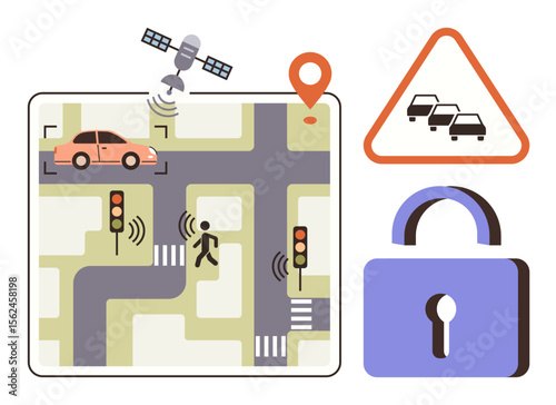 Car navigating a signalized road with GPS pedestrian crossing traffic sign secure padlock. Ideal for smart city apps, GPS navigation, road safety, autonomous vehicles, data security, IoT networks