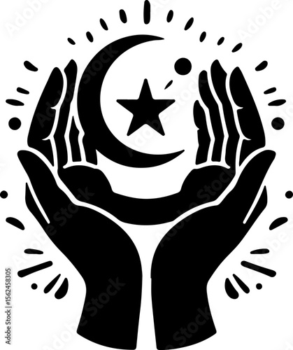 Open hands cradling crescent moon and star islamic symbol