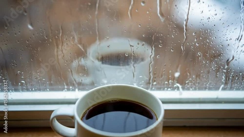 Steaming Coffee Cup with Raindrops on Window for Relaxation and Comfort