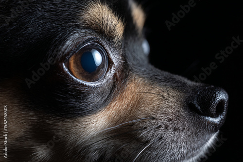 Close-up view of a chihuahua highlighting its expressive features against a dark background