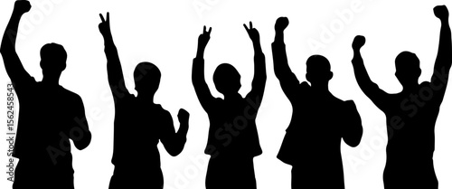Cheering crowd raising arms victory signs silhouette