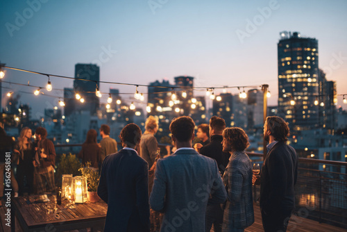 Rooftop gathering at dusk with city skyline and string lights creating an inviting atmosphere for socializing