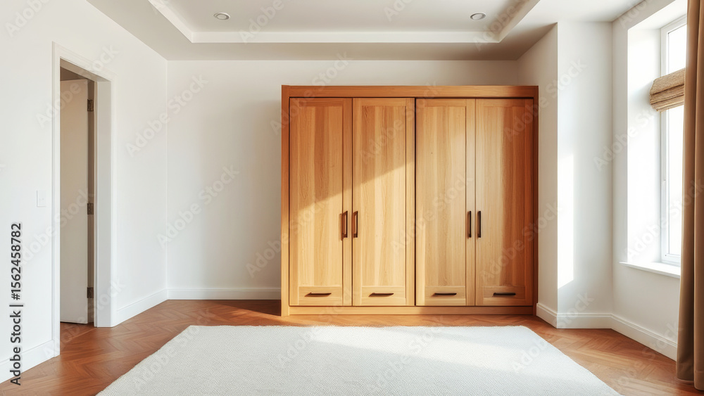 Fototapeta premium Sun shining on a wooden wardrobe in a modern, minimalist bedroom with parquet flooring and white walls, creating a warm and inviting atmosphere