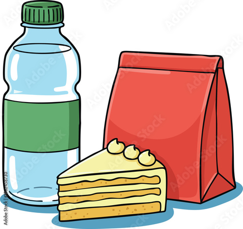 Water Bottle with Green Label and Red Lunch Bag with Slice of Cake Vector Illustration 