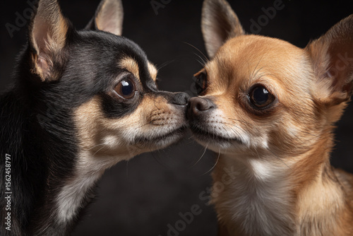 Two chihuahuas engaging in an affectionate moment in a studio setting with soft lighting
