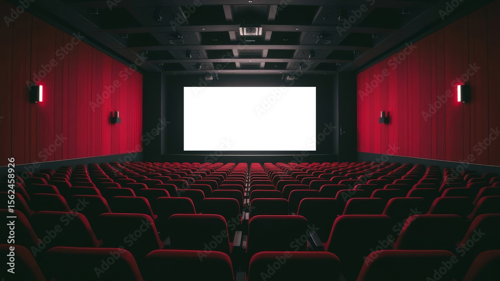 Fototapeta premium Rows of red seats facing a blank white movie screen create an inviting atmosphere in an empty cinema, waiting for the next film experience