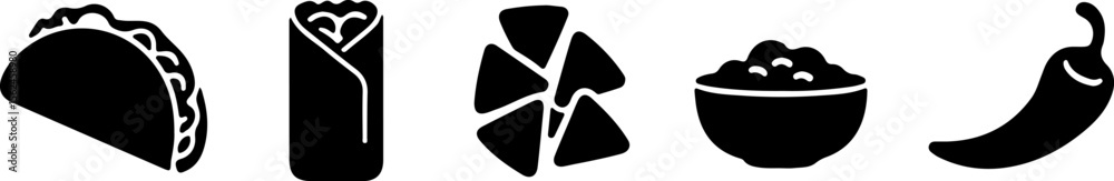 Fototapeta premium Mexican food icons taco burrito chips salsa chili tortilla chips