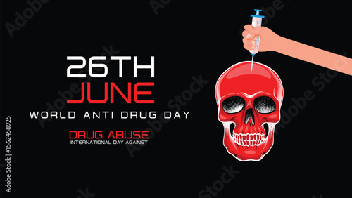 Drug Addiction Awareness Day Poster with Skull Illustration – June 26 International Anti-Drug Day Flat Vector Design