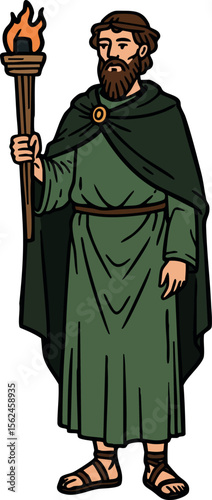 Ancient man with torch in green robe holding flame illustration vector art 