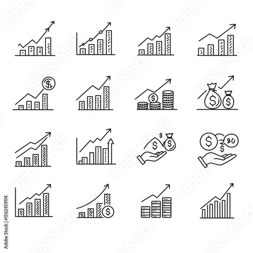 Collection of growing financial chart icons illustrating business growth and investment success