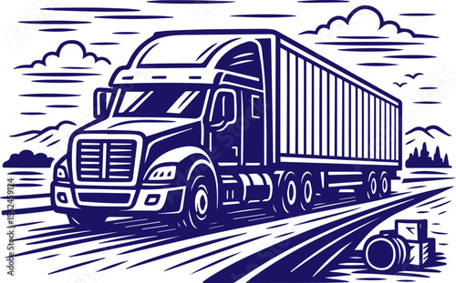 Semi truck on highway in vintage line art style with countryside view