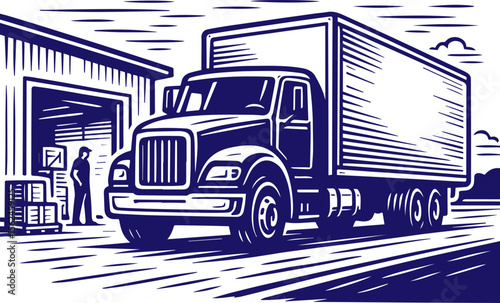 Delivery truck at warehouse in vintage line art style