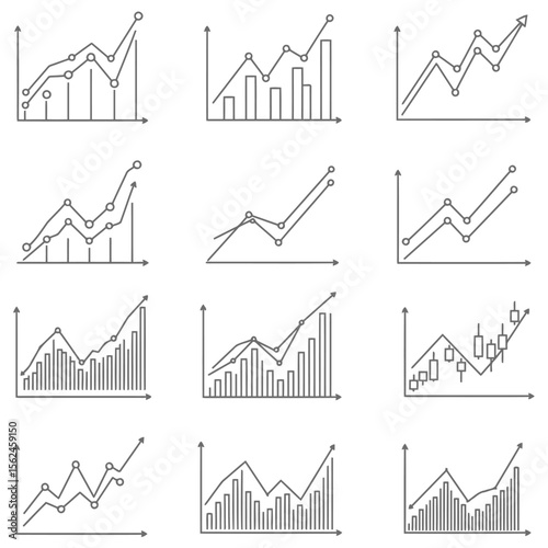 Collection of hand drawn business growth charts and financial graphs with arrows indicating positive trend and market increase