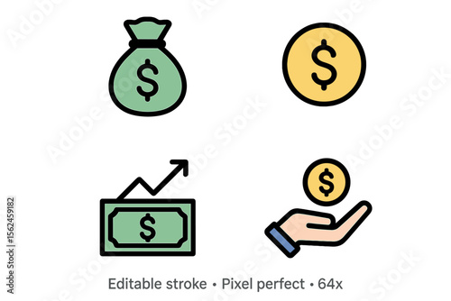 A set of icons related to money management is available, featuring editable strokes and pixel perfection at 64x64 resolution
