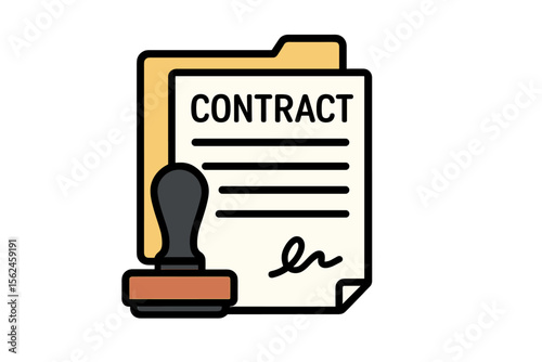 Icon representing the signing of a contract or document, featuring a folder with a stamp and accompanying text that outlines contract conditions and research approval