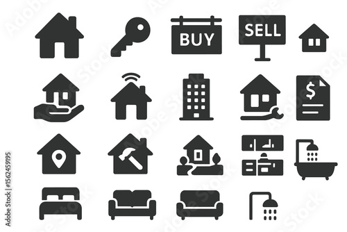 A set of icons for houses and real estate is available, featuring symbols for houses, keys, buying, selling, loans, smart homes, buildings, mortgages, addresses, renovations, land, kitchens